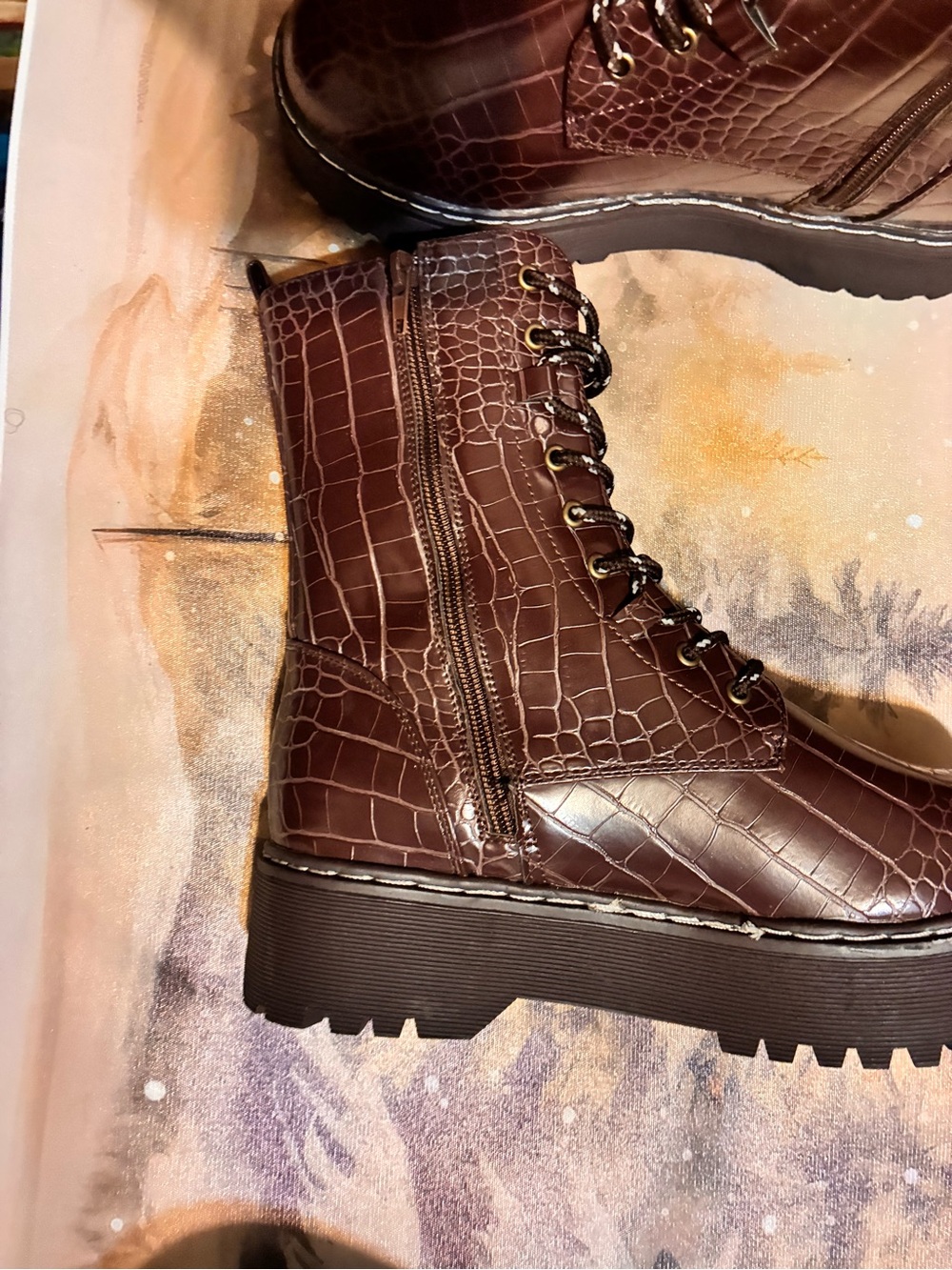 Croc-Embossed Brown Combat Boots 8.5